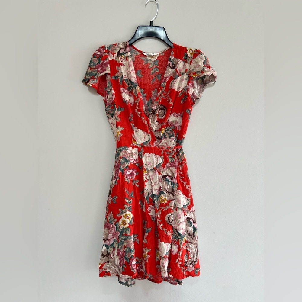 Rolla’s Dancer Floral Print Cap Sleeve Plunging Wrap Dress in Coral Red, size XS